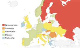 Bild: Karte aus dem Ranking der verschiedenen Ebenen der Zusammenarbeit zwischen Zivilgesellschaft und politischer Entscheidungseben, correlation-net.org